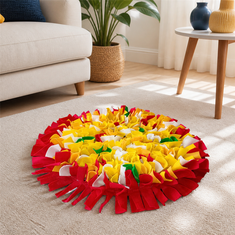 Taupet Salada de Frutas com borda vermelha em sala de estar clara e acolhedora.