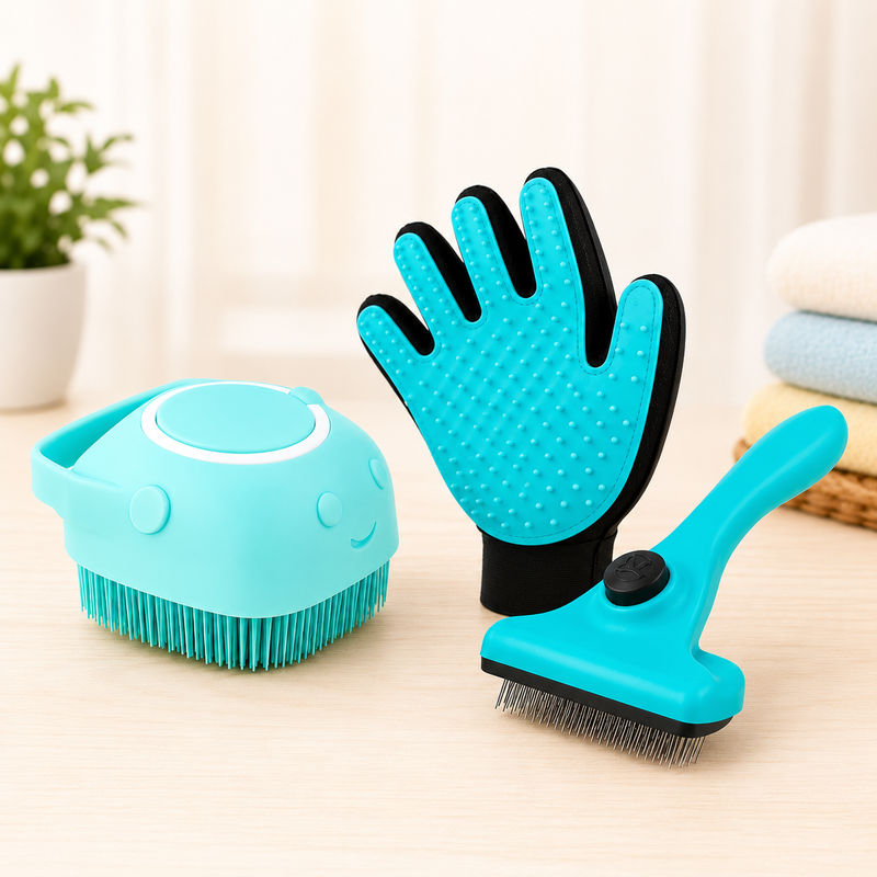 KIT PET CUIDADOS COMPLETOS™ - Luva Tira Pelos + Escova de Banho com Dispenser + Escova Rasqueadeira 🧤🪮