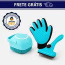 KIT PET CUIDADOS COMPLETOS - Luva Tira Pelos + Escova de Banho com Dispenser + Escova Rasqueadeira 🧤🪮