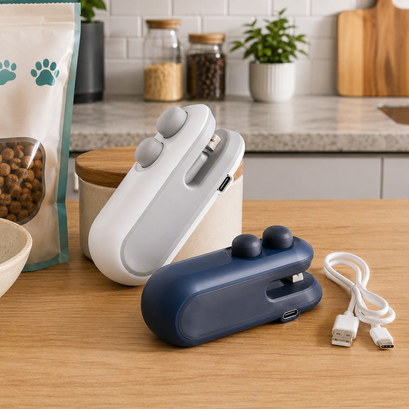 Mini Máquina Seladora Recarregável VedaTudo™ - Conserve Ração, Petiscos ou Qualquer Alimento da Sua Casa 🐾🏠