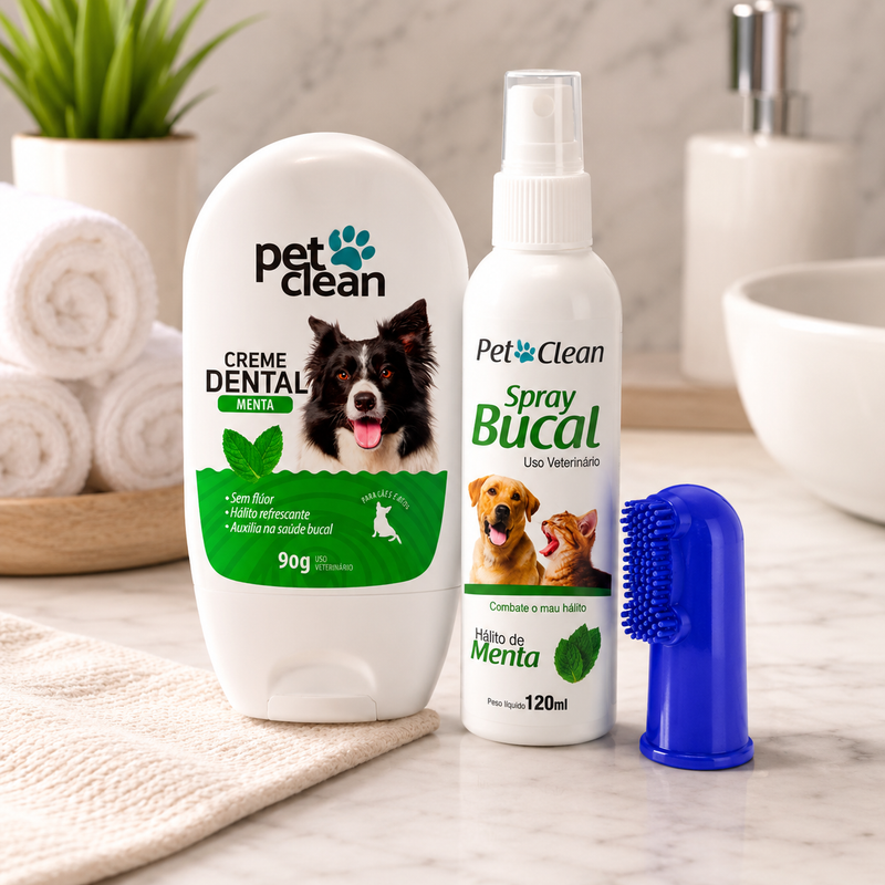 Kit Creme Dental +  Escova Dente Dedeira + Spray Bucal Hálito Pet Clean - O kit Completo Para Combater Tártaro, Placa Bacteriana e Mau Hálito! 🦷🐾