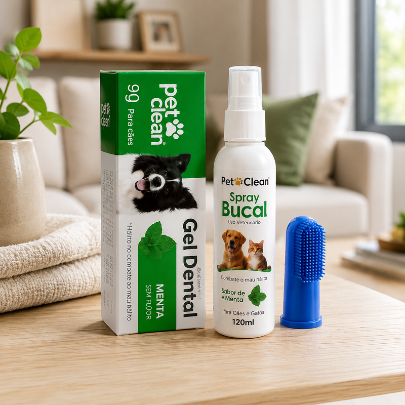 Kit Gel Dental +  Escova Dente Dedeira + Spray Bucal Hálito Pet Clean - O kit Completo para Dentes Limpos, Gengivas Saudáveis e Hálito Fresco 🦷✨
